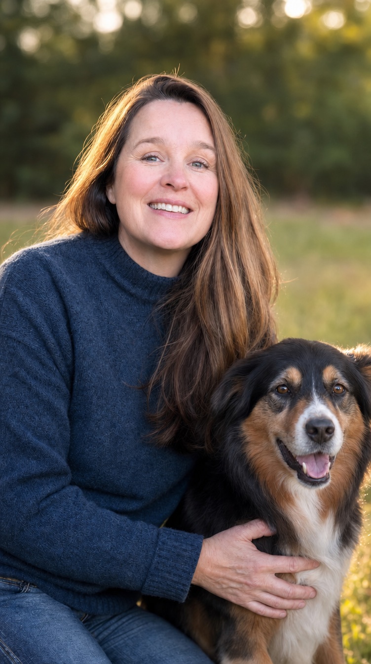 Persönliches Porträt von Raphaela Niewerth mit ihrem Hund im warmen Abendlicht